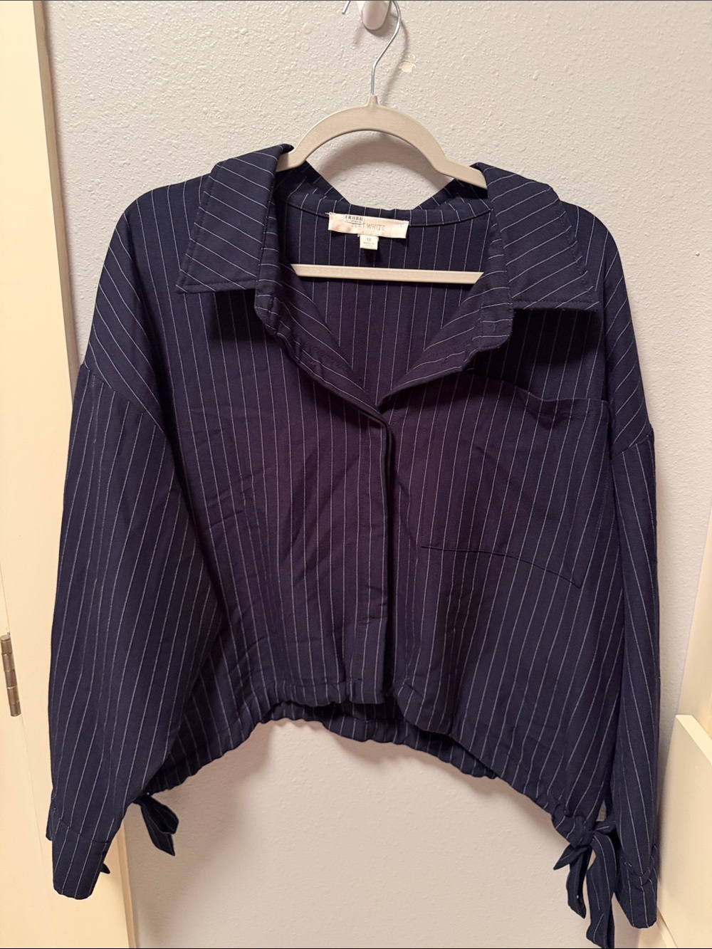 Anthropologie Navy Pinstripe Cropped Button-Down Shirt
